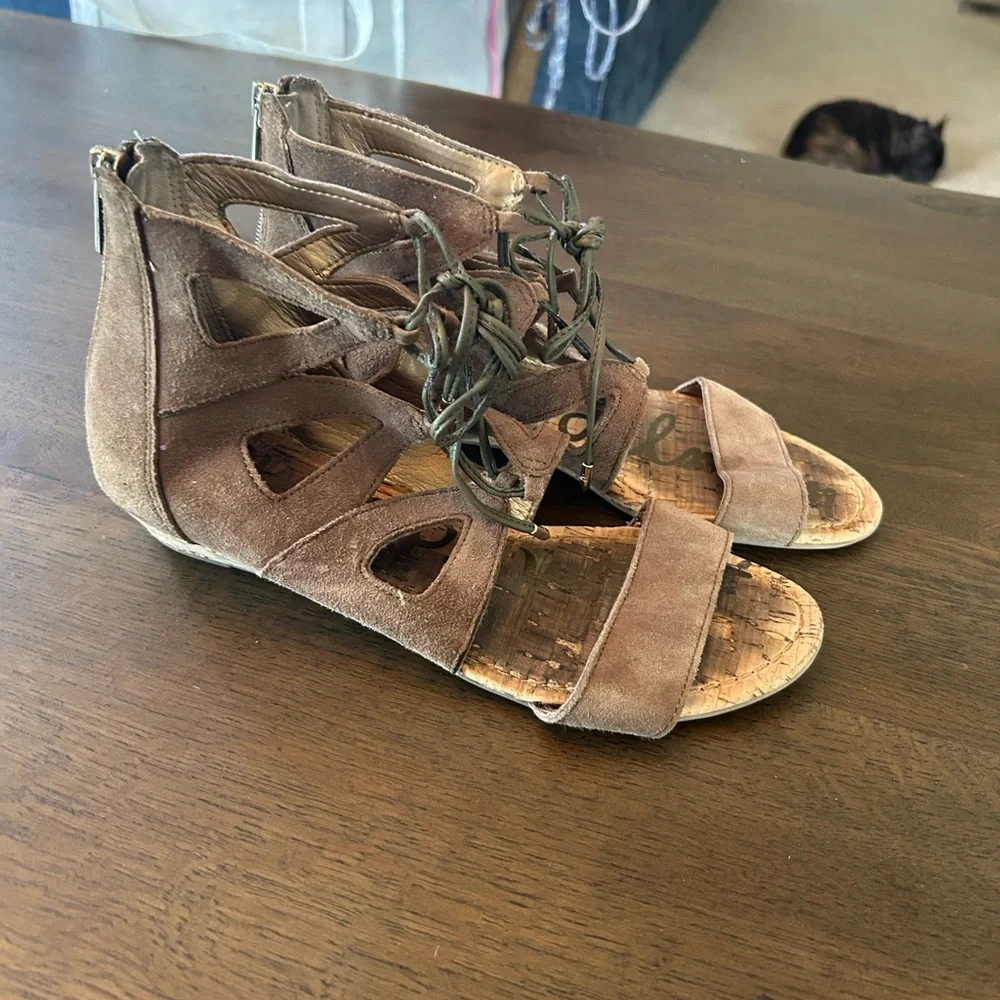 Sam Edelman moss green dean caged sandals lace up zipper back closure